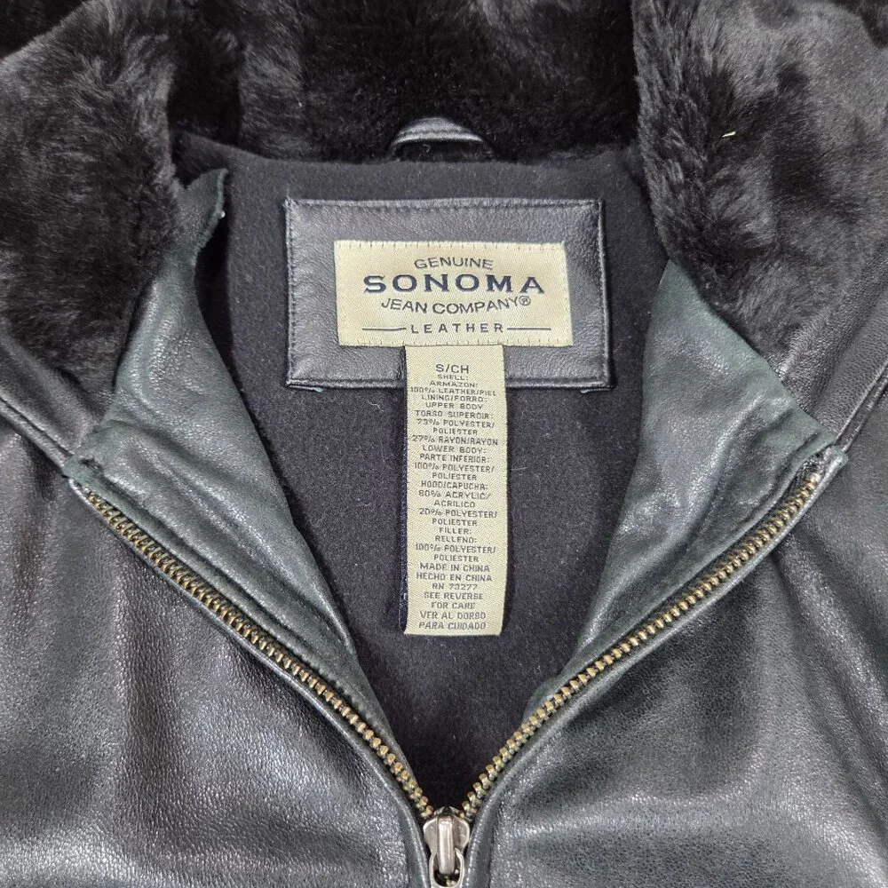 Vintage Sonoma Black Leather Coat Womens Small Fleece Lined Hooded Y2K READ